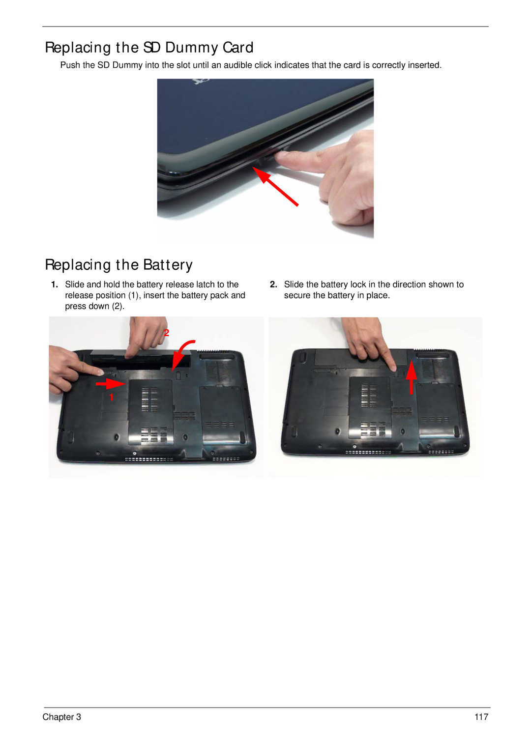 Acer 5737Z manual Replacing the SD Dummy Card, Replacing the Battery 