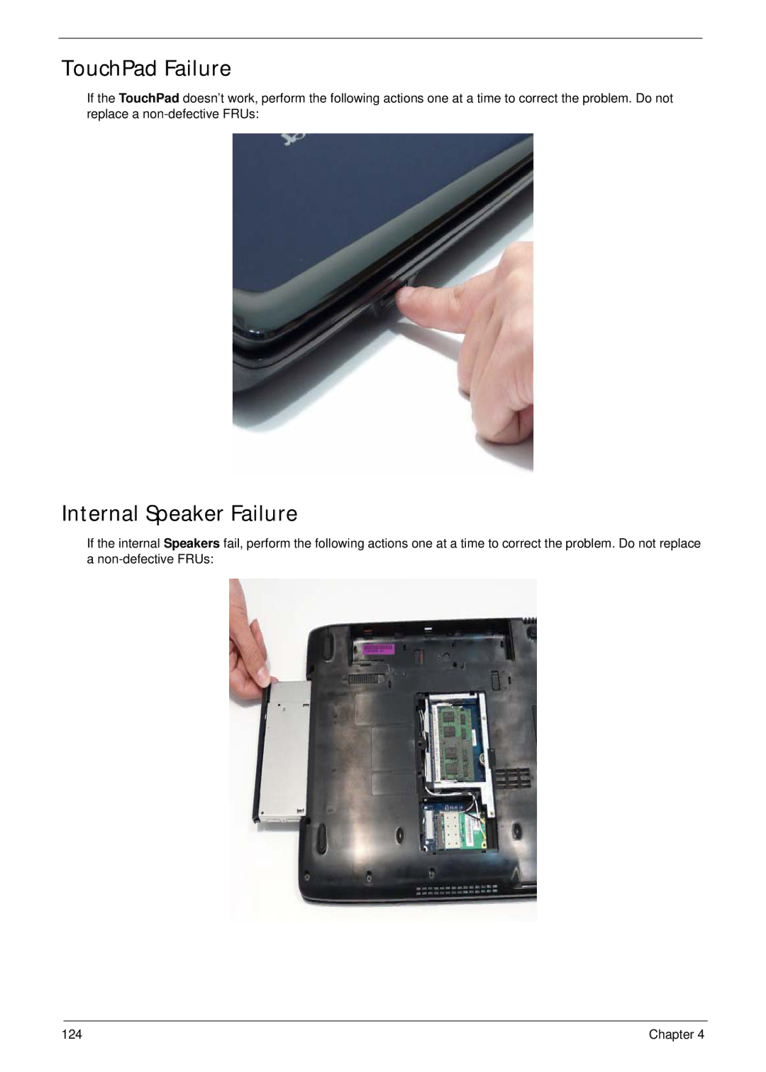 Acer 5737Z manual TouchPad Failure, Internal Speaker Failure 