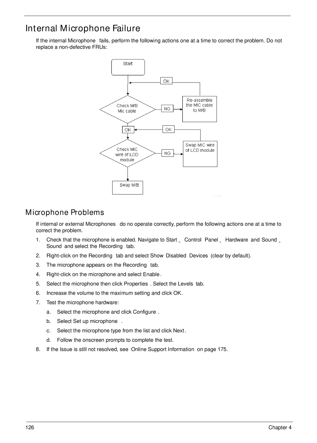 Acer 5737Z manual Internal Microphone Failure, Microphone Problems, Select Set up microphone 