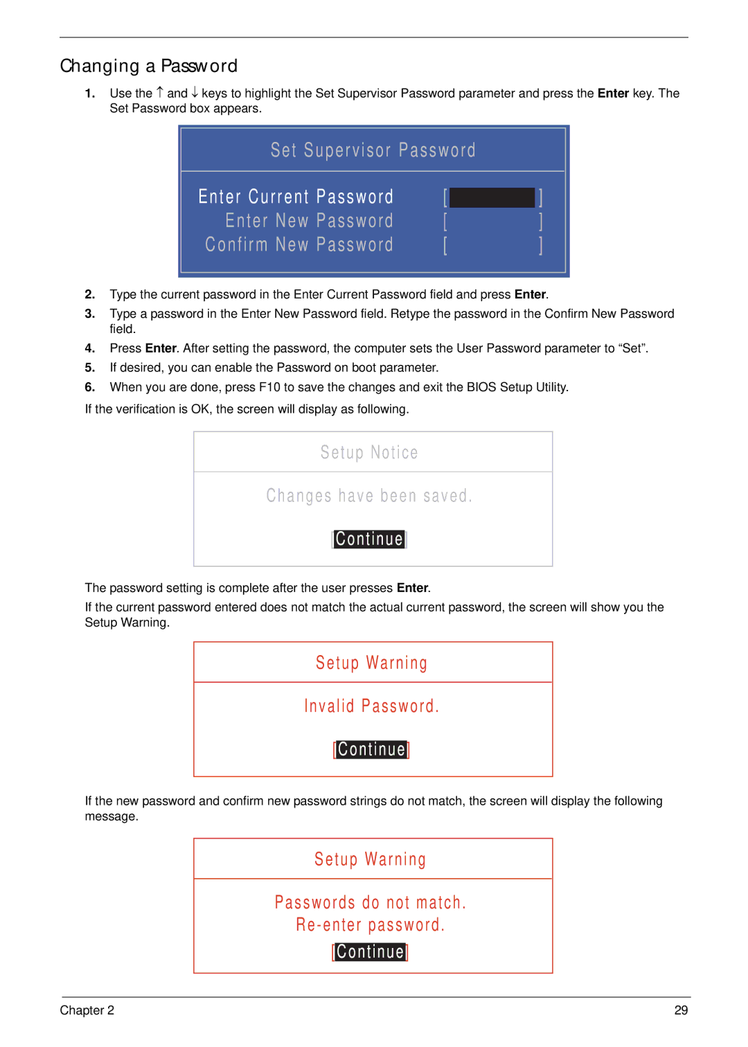 Acer 5737Z manual Continue, Changing a Password 