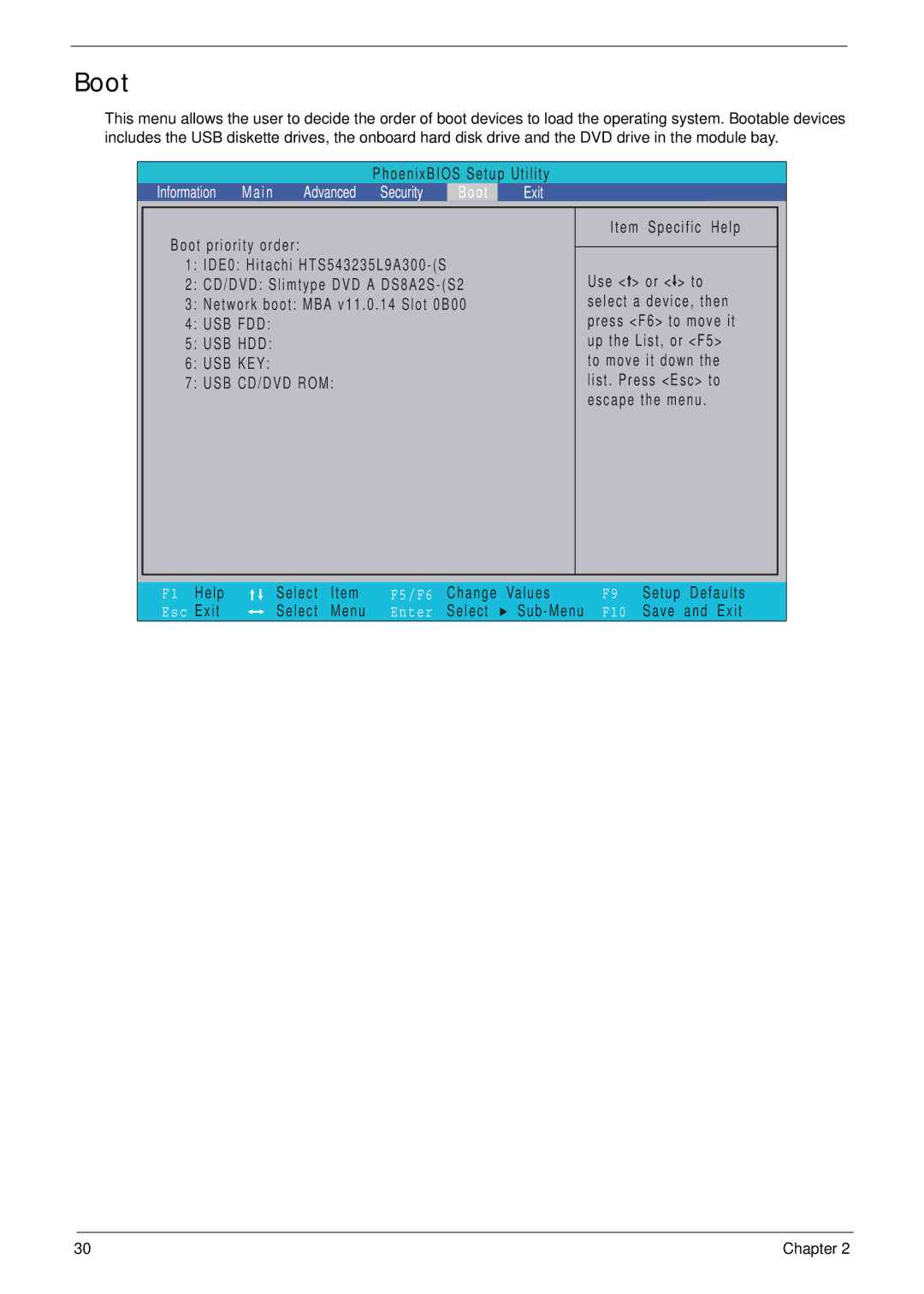 Acer 5737Z manual Information Main Advanced Security Boot Exit 