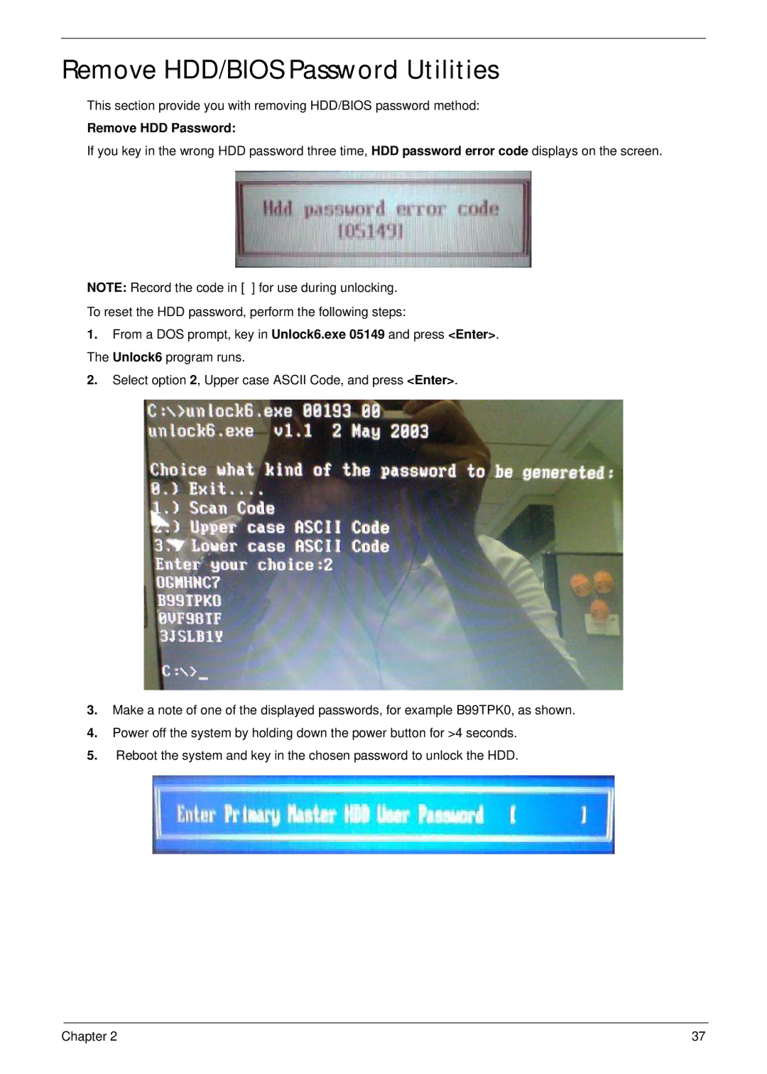 Acer 5737Z manual Remove HDD/BIOS Password Utilities, Remove HDD Password 