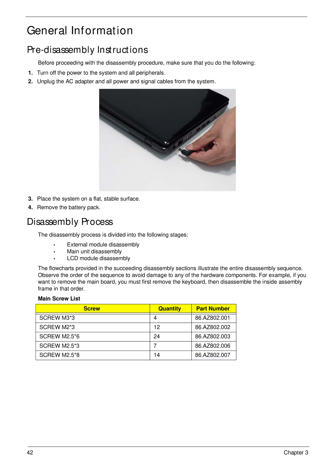 Acer 5737Z General Information, Pre-disassembly Instructions, Disassembly Process, Main Screw List Quantity Part Number 