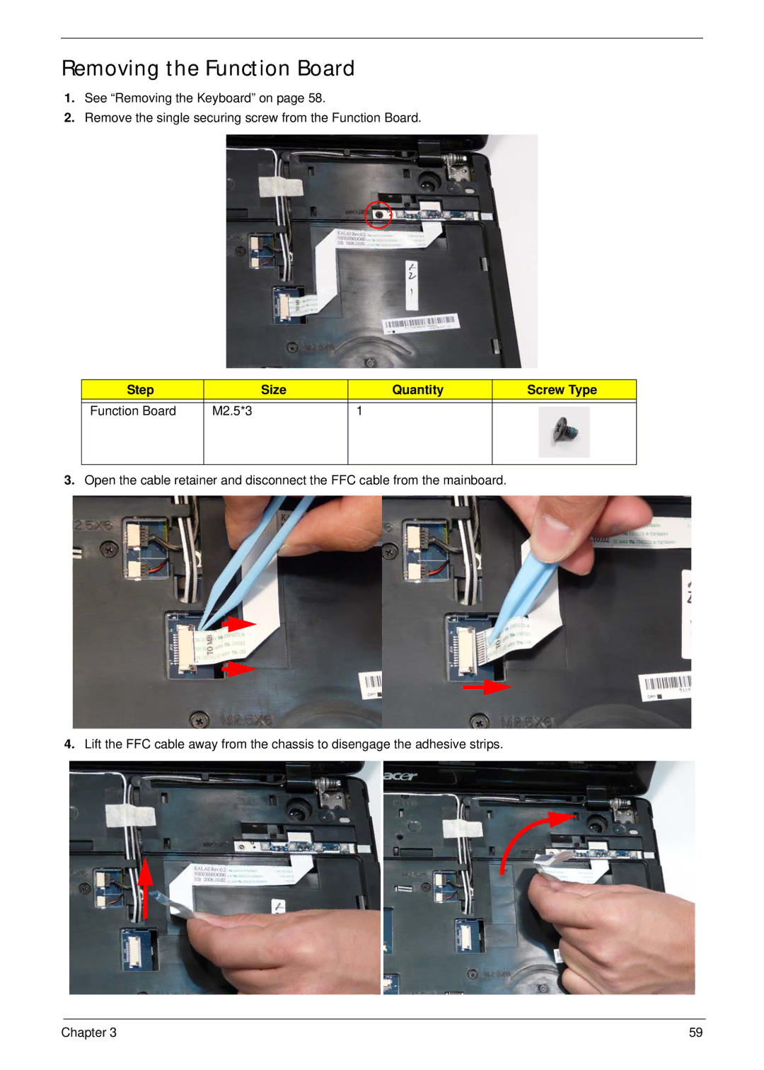 Acer 5737Z manual Removing the Function Board, Step Size Quantity Screw Type Function Board M2.5*3 