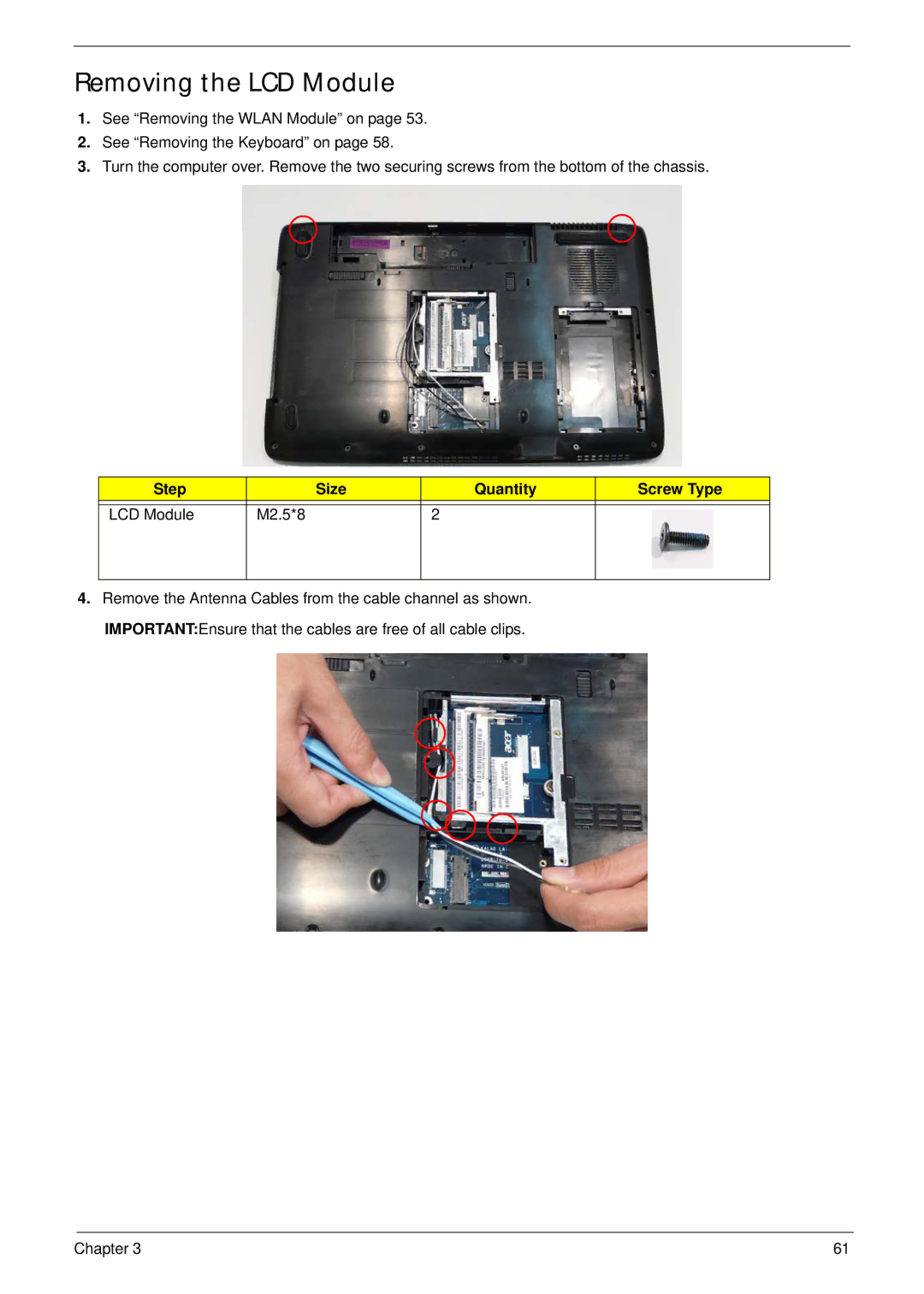 Acer 5737Z manual Removing the LCD Module, Step Size Quantity Screw Type LCD Module M2.5*8 