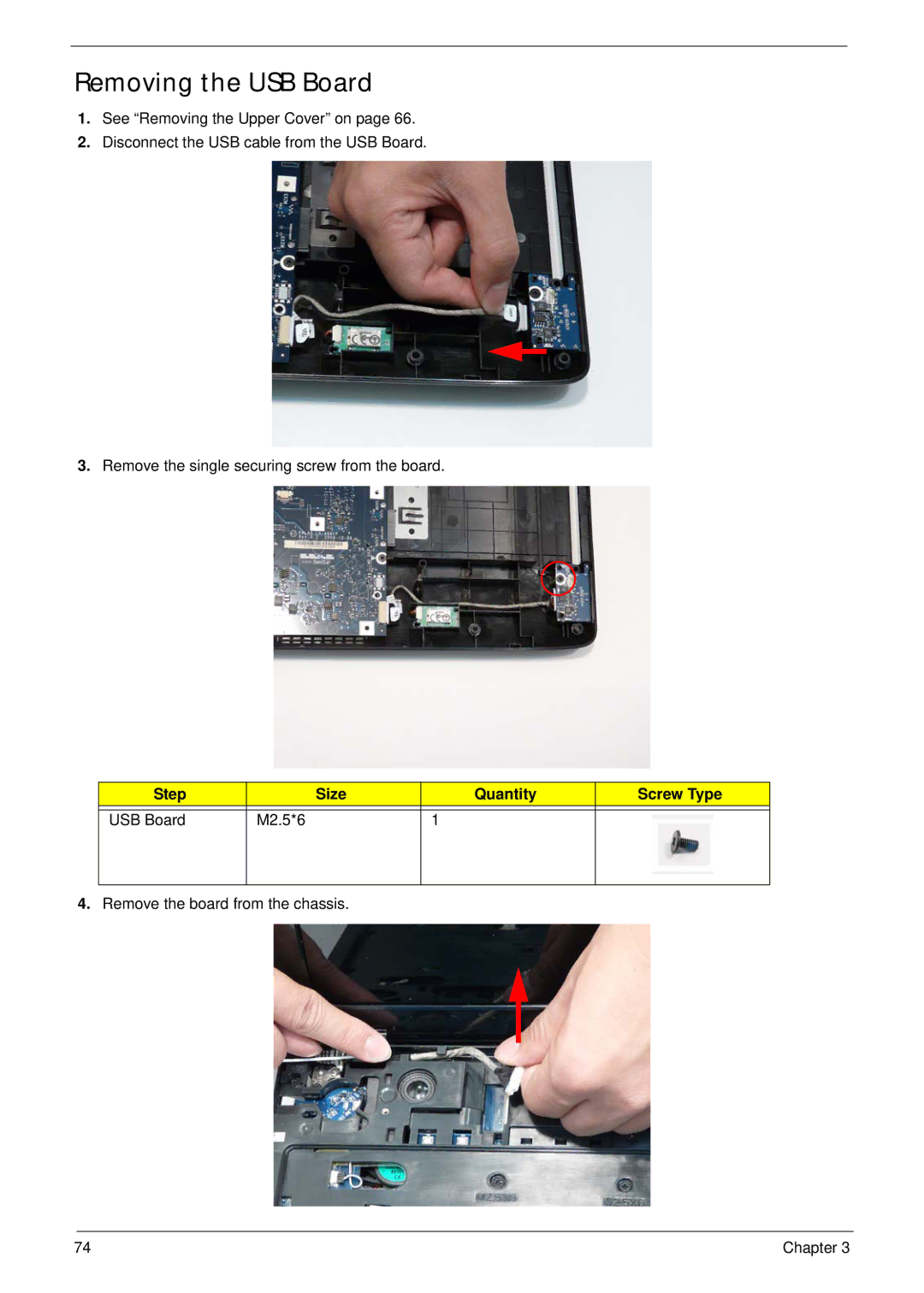 Acer 5737Z manual Removing the USB Board, Step Size Quantity Screw Type USB Board M2.5*6 