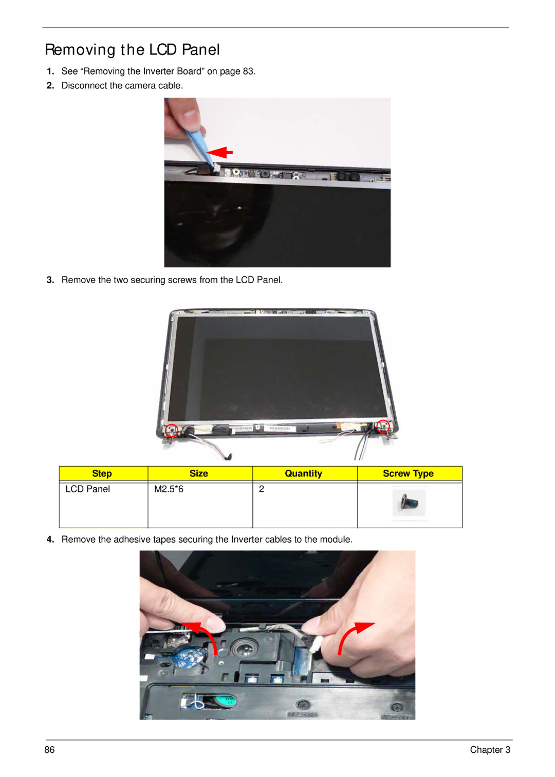 Acer 5737Z manual Removing the LCD Panel, Step Size Quantity Screw Type LCD Panel M2.5*6 