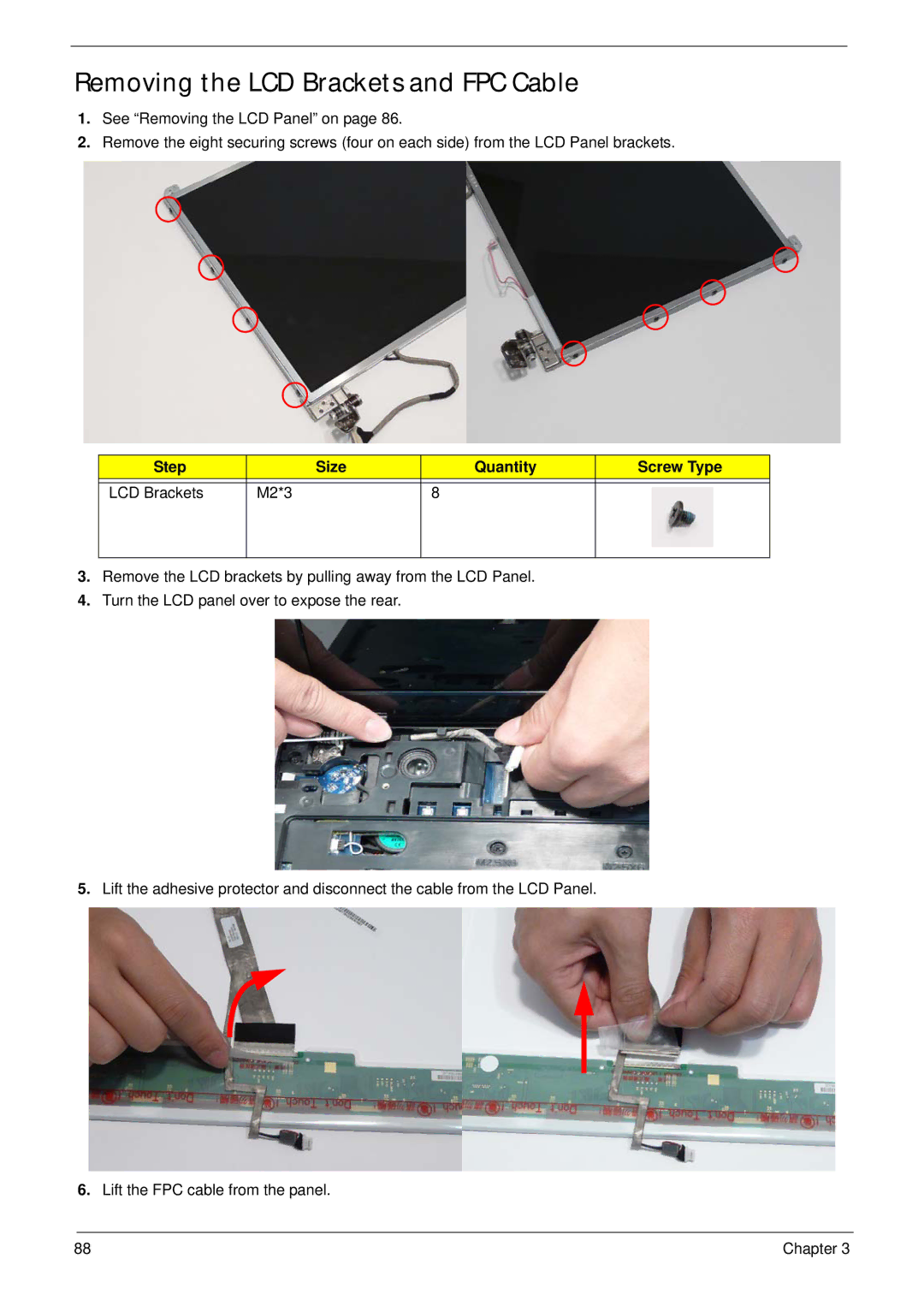 Acer 5737Z manual Removing the LCD Brackets and FPC Cable, Step Size Quantity Screw Type LCD Brackets M2*3 