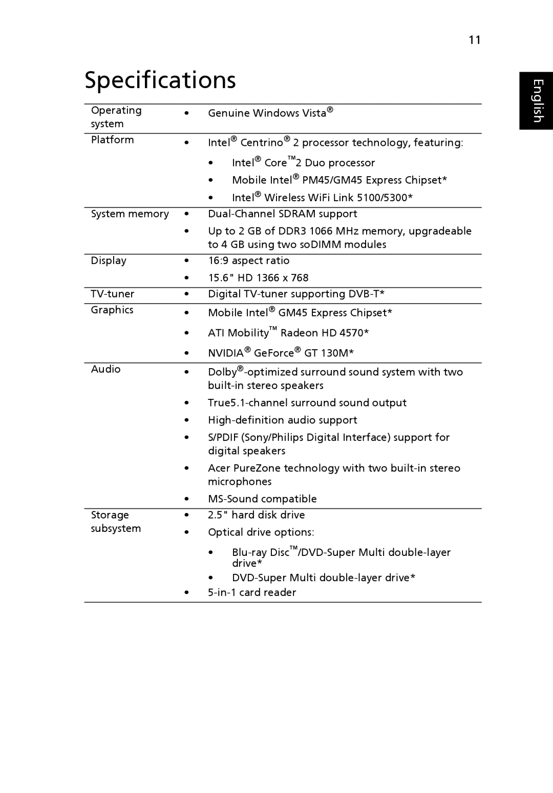 Acer 5739 Series, 5739G manual Specifications 