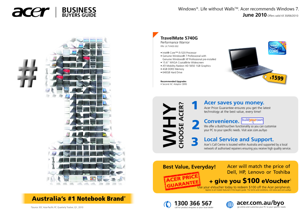 Acer manual Australia’s #1 Notebook Brand, acer.com.au/byo, TravelMate 5740G, Performance Warrior, Business, 1599 