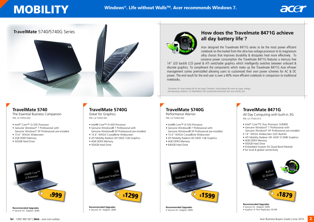 Acer 5740G Mobility, 1299, 1599, 1879, Windows. Life without WallsTM. Acer recommends Windows, TravelMate, Intel, Built 