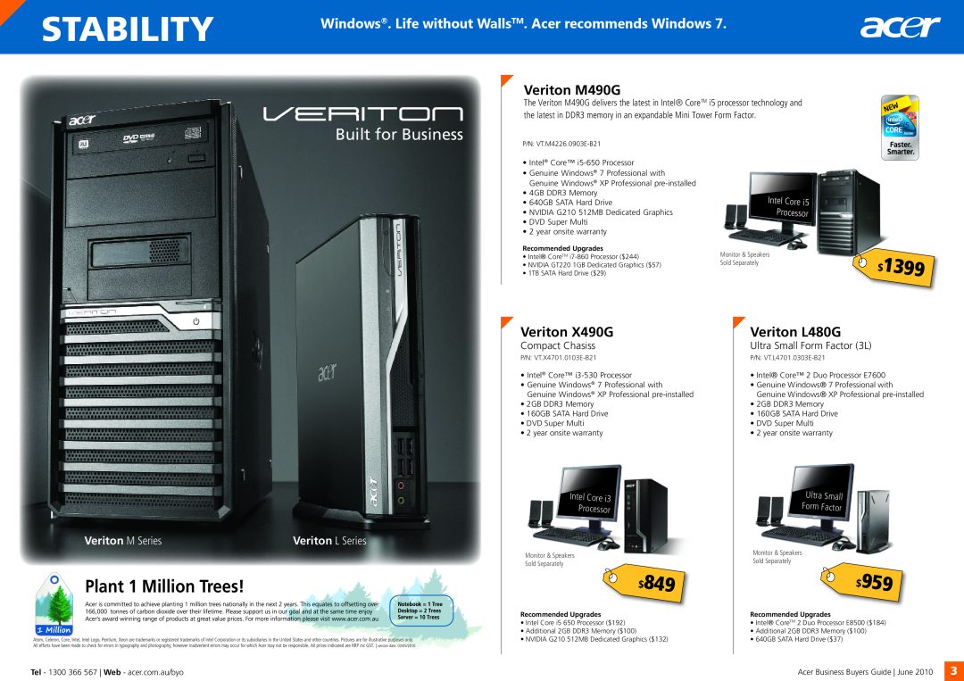 Acer 5740G manual Stability, 1399, Veriton M490G, Veriton X490G, Veriton L480G, Compact Chasiss, Ultra Small Form Factor 3L 