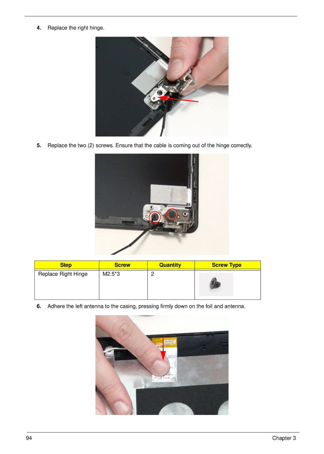 Acer 5745 manual Step Screw Quantity Screw Type Replace Right Hinge M2.5*3 