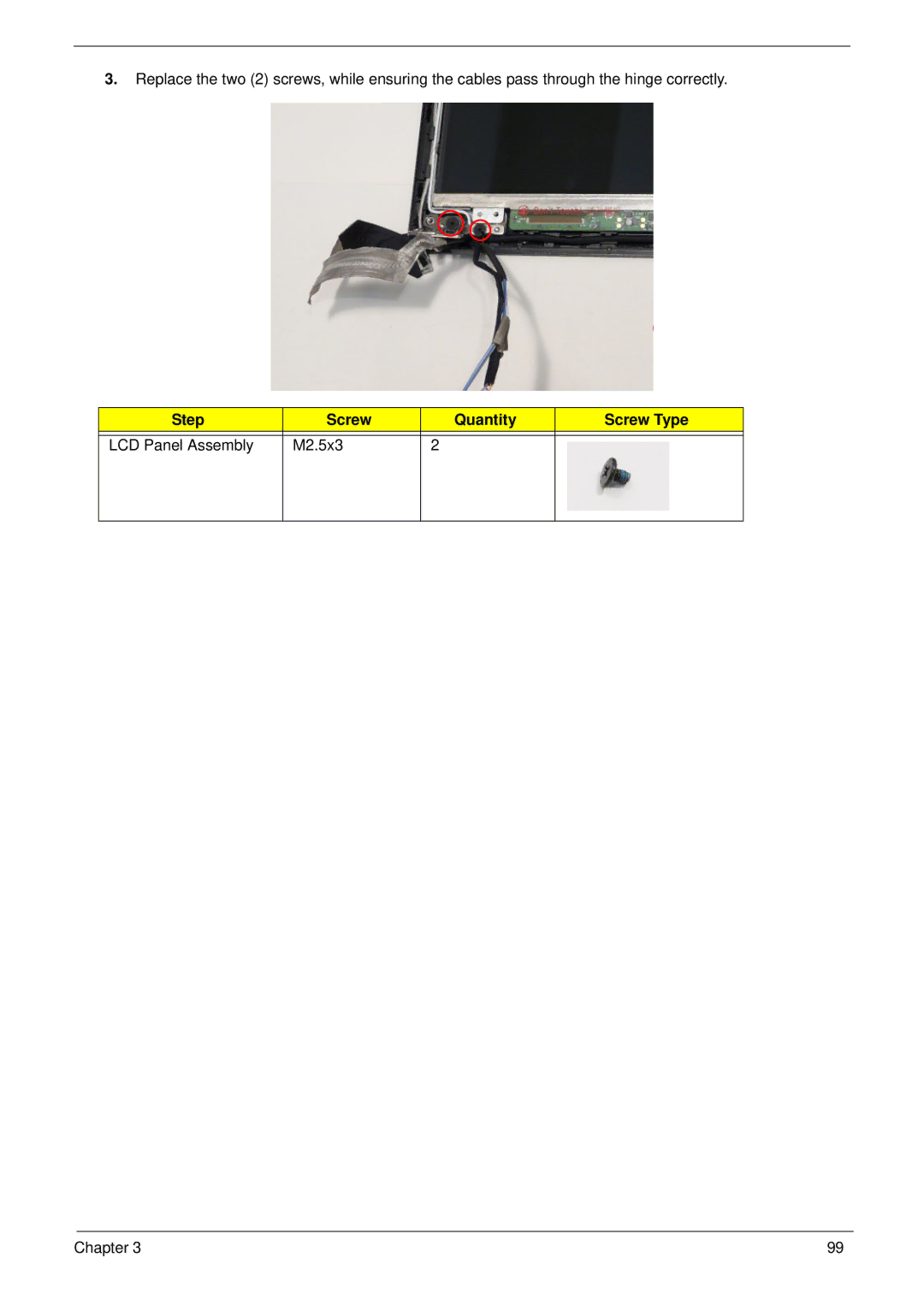 Acer 5745 manual Step Screw Quantity Screw Type LCD Panel Assembly M2.5x3 