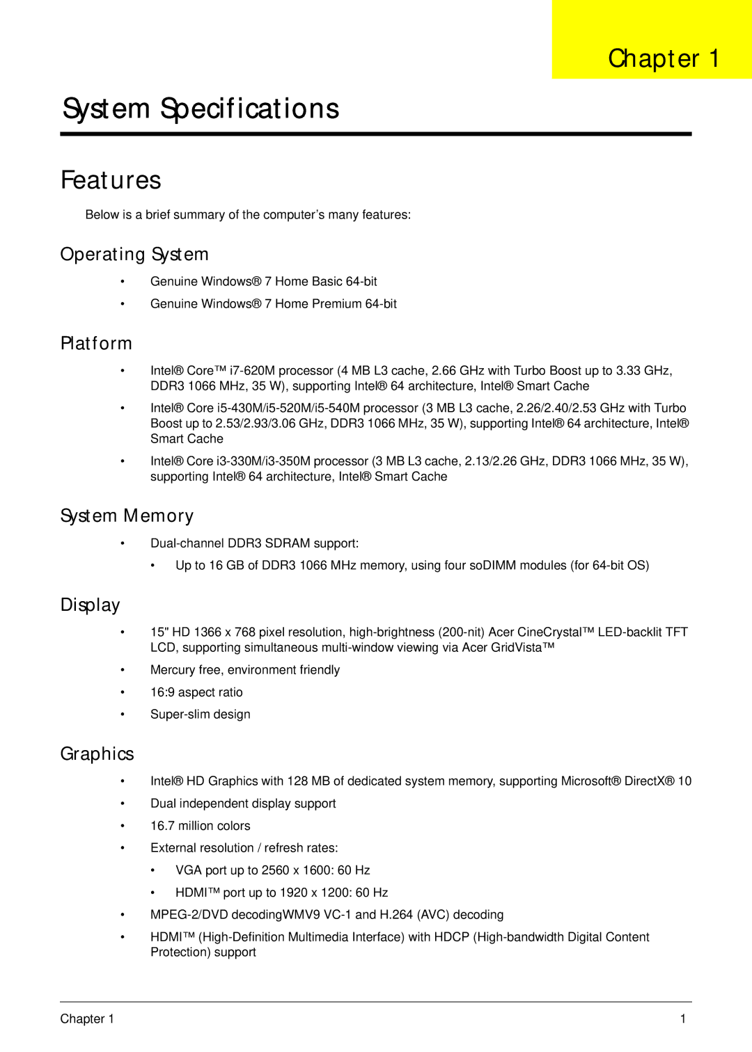 Acer 5745 manual Chapter, Features 