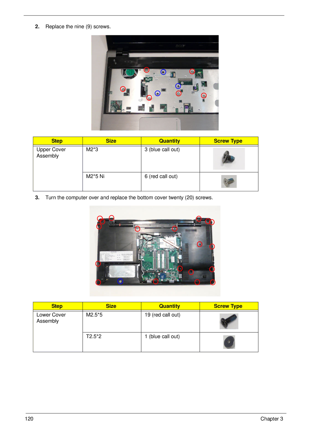 Acer 5745 manual Replace the nine 9 screws 