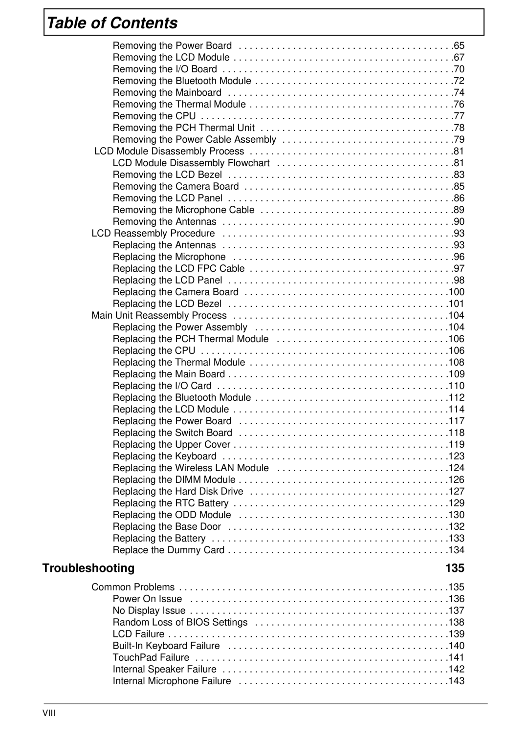 Acer 5745 manual 135, Viii 