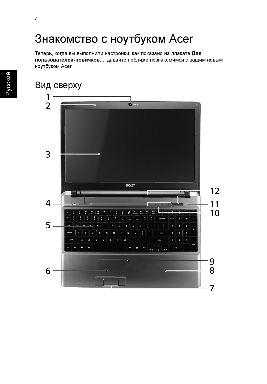 Acer 5810TZ manual Знакомство с ноутбуком Acer, Вид сверху 