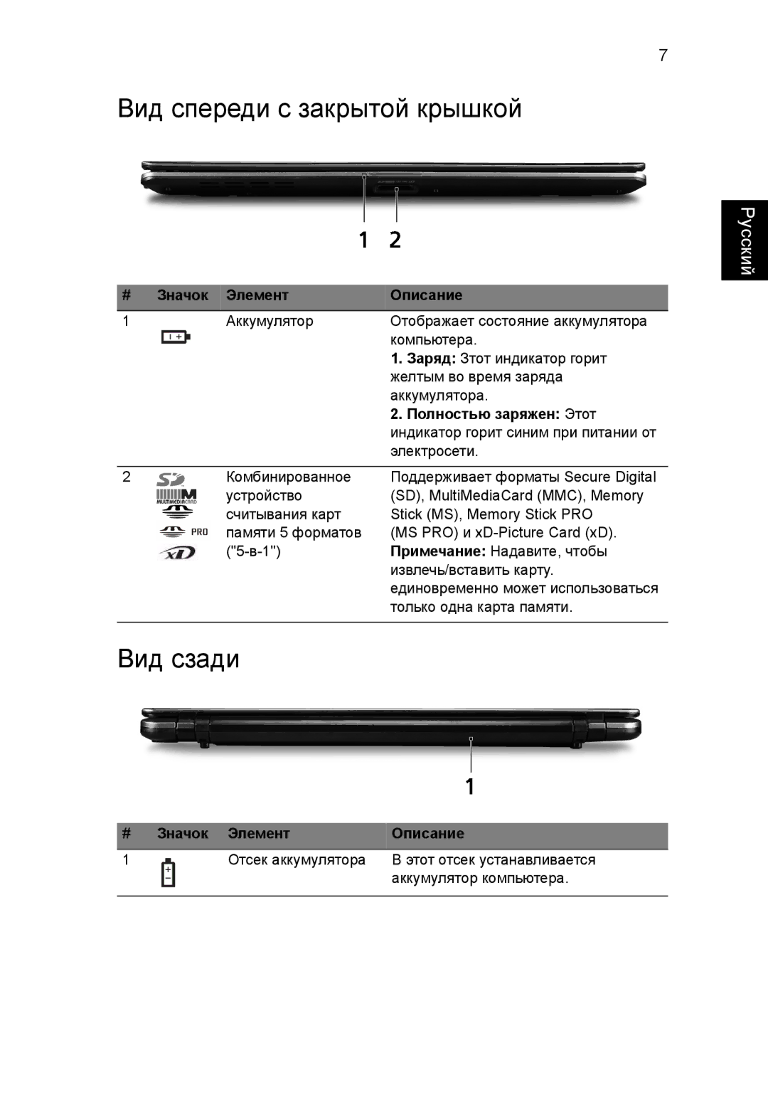 Acer 5810TZ manual Вид спереди с закрытой крышкой, Вид сзади 