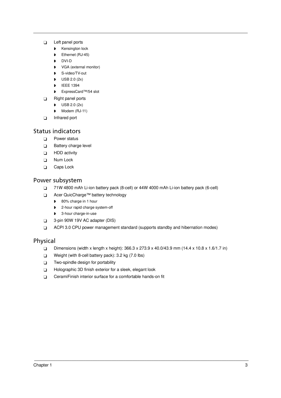 Acer 5910 manual Status indicators, Power subsystem, Physical 