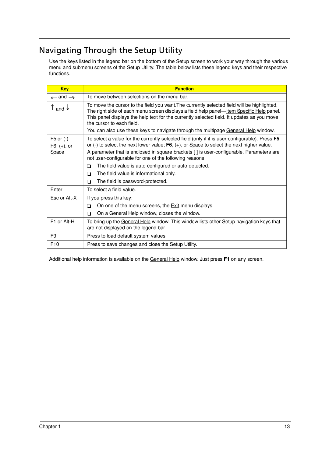 Acer 5910 manual Navigating Through the Setup Utility 