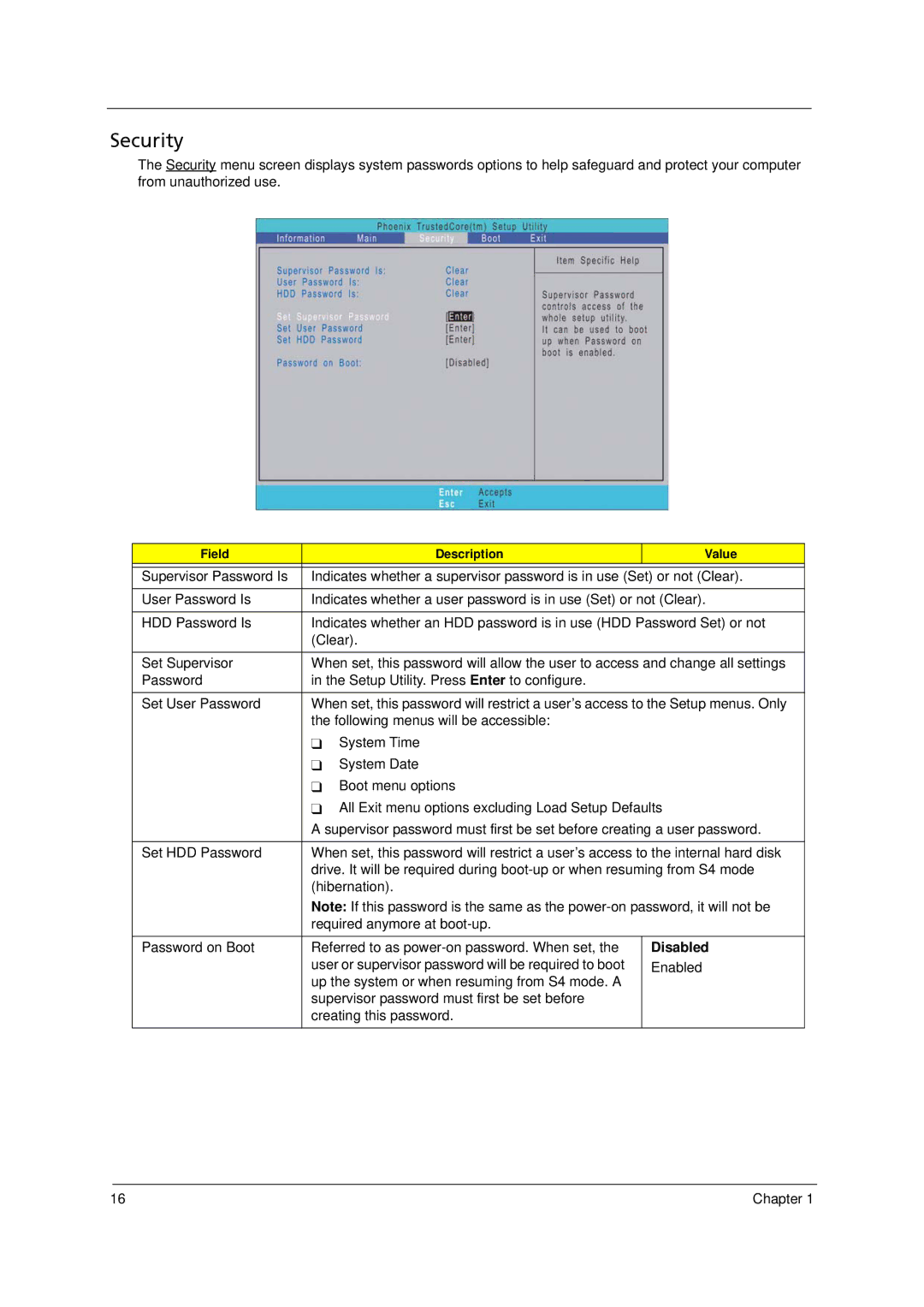 Acer 5910 manual Security 