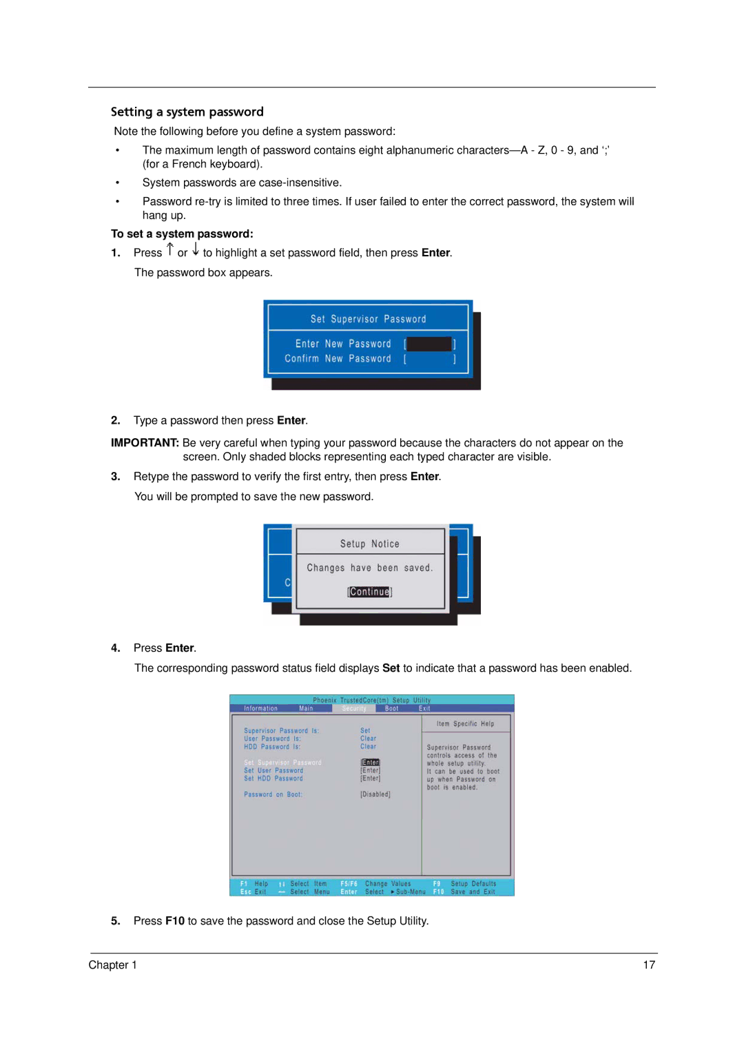 Acer 5910 manual Setting a system password, To set a system password 