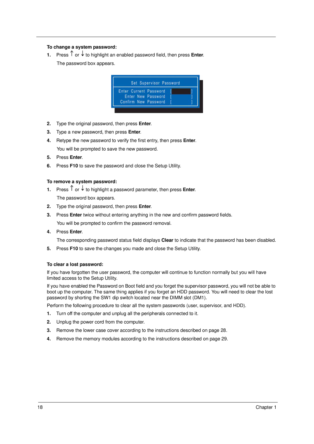 Acer 5910 manual To change a system password, To remove a system password, To clear a lost password 