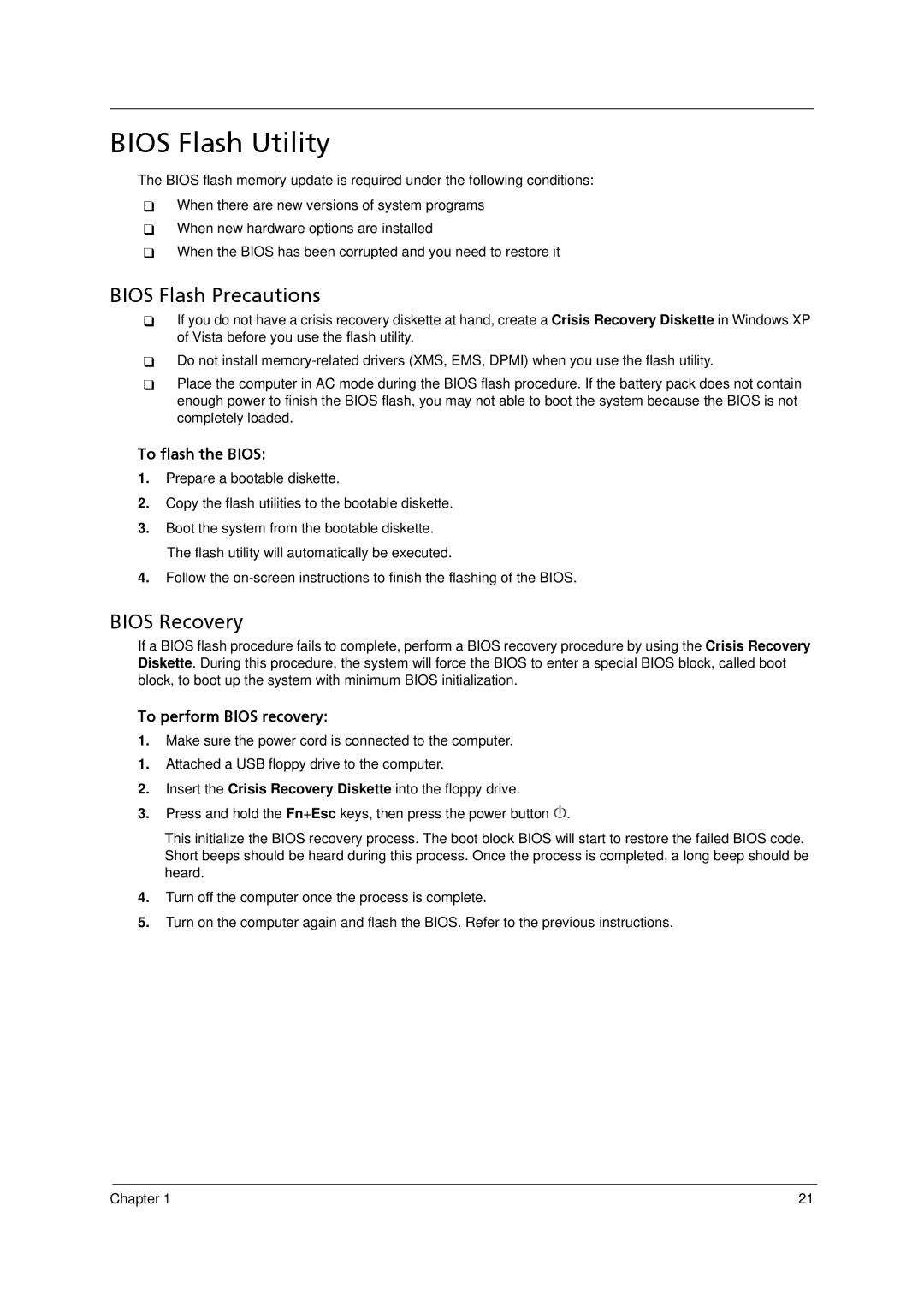 Acer 5910 manual Bios Flash Utility, Bios Flash Precautions, Bios Recovery 