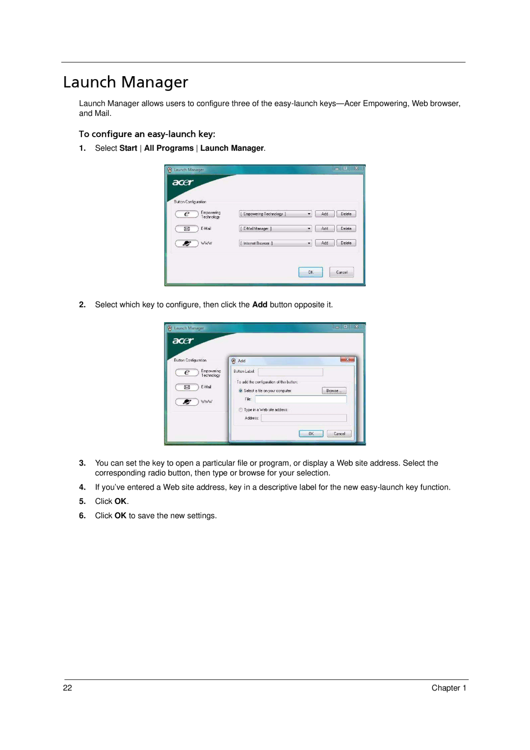 Acer 5910 manual Select Start All Programs Launch Manager 