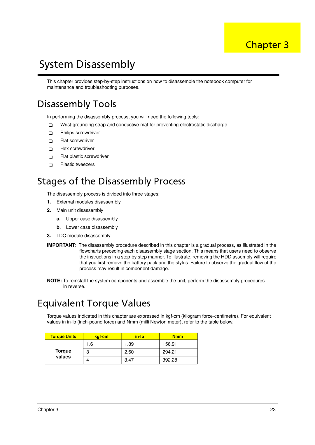 Acer 5910 manual Disassembly Tools, Stages of the Disassembly Process, Equivalent Torque Values 