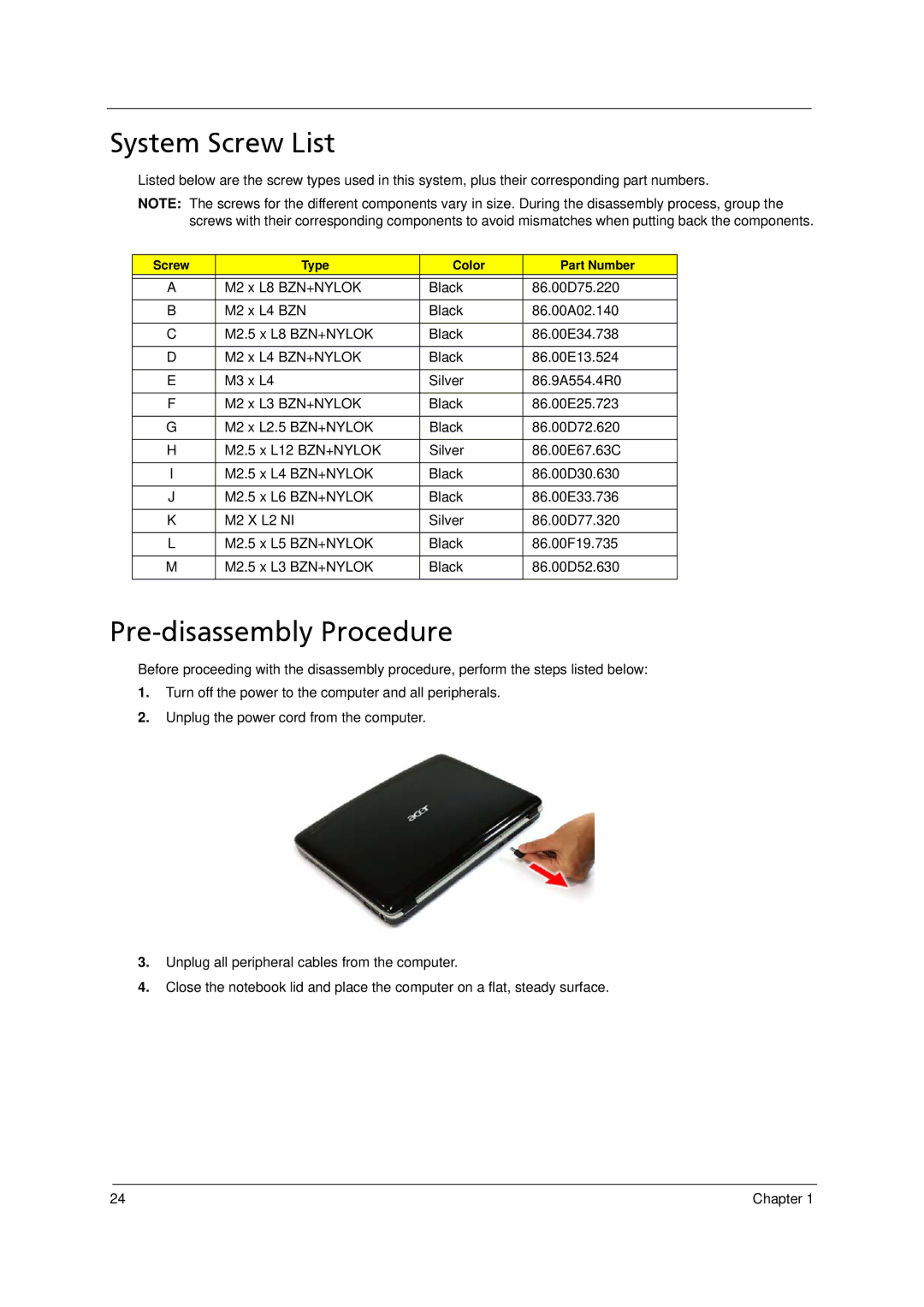 Acer 5910 manual System Screw List, Pre-disassembly Procedure 