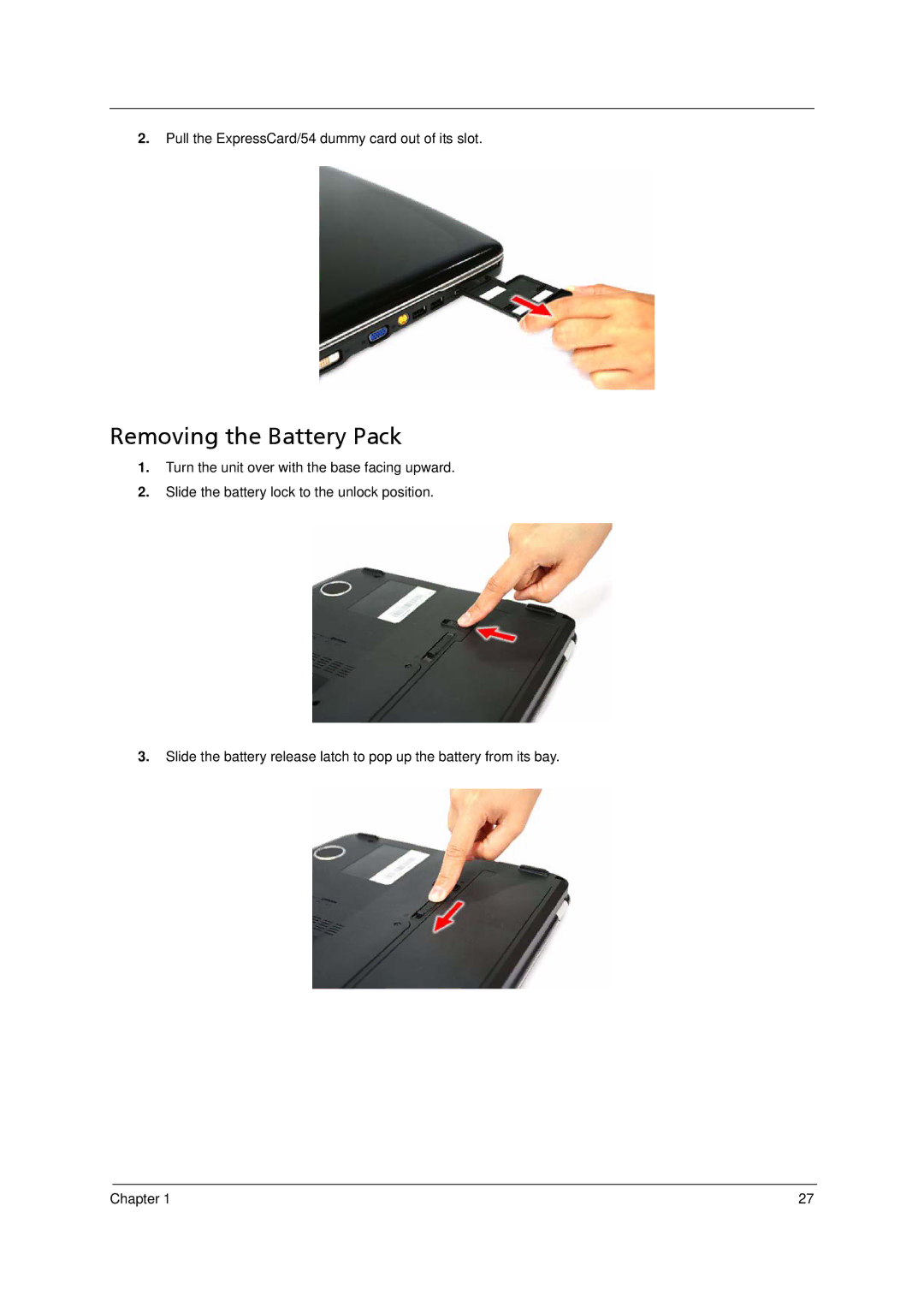 Acer 5910 manual Removing the Battery Pack 