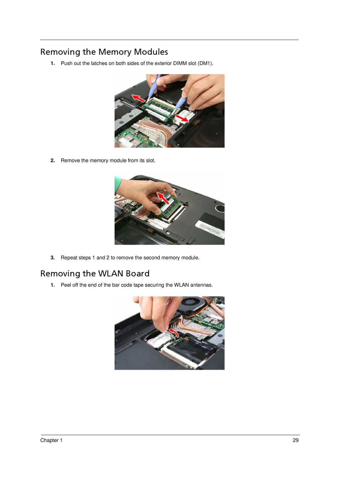 Acer 5910 manual Removing the Memory Modules, Removing the Wlan Board 