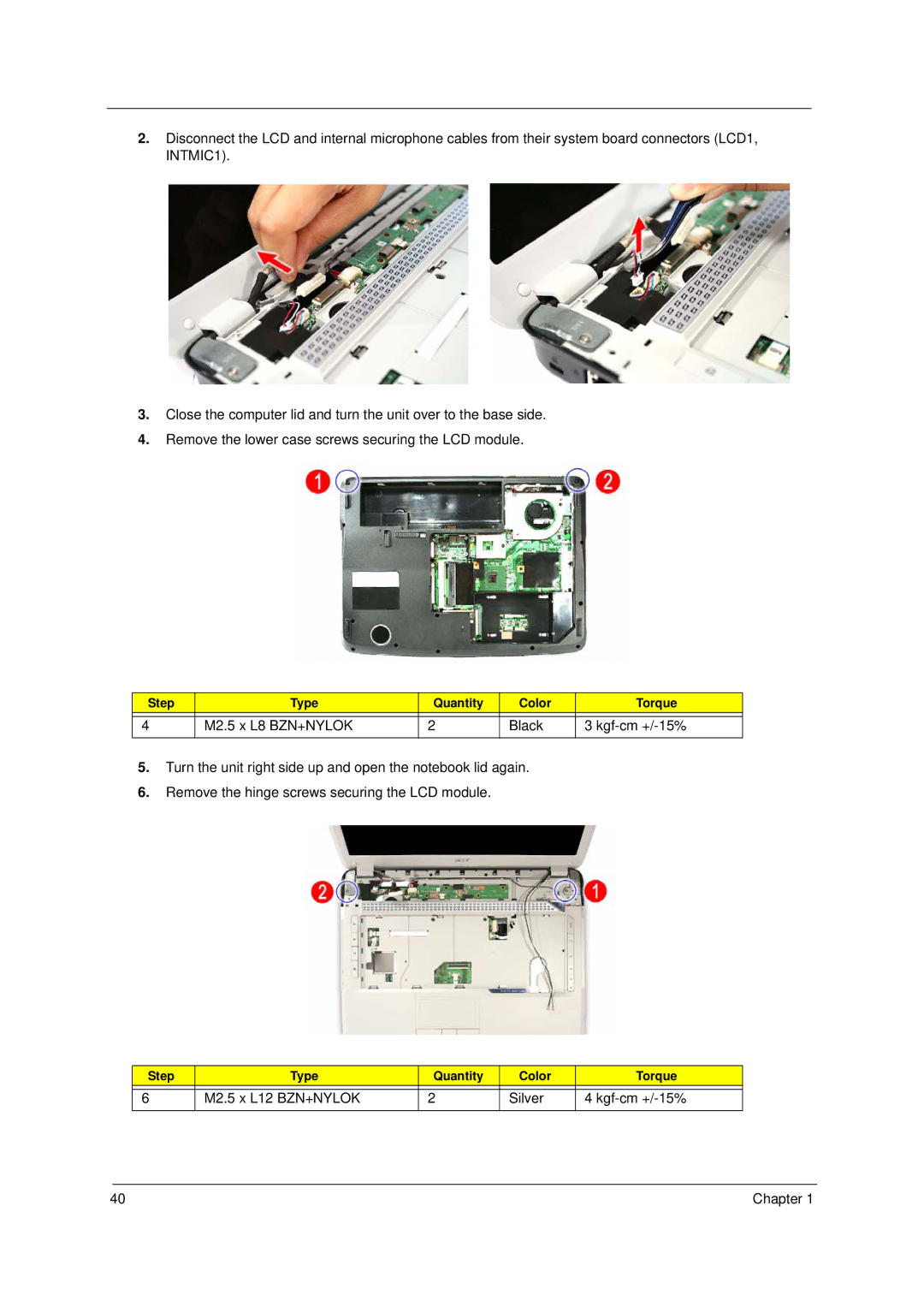 Acer 5910 manual M2.5 x L12 BZN+NYLOK Silver Kgf-cm +/-15% 