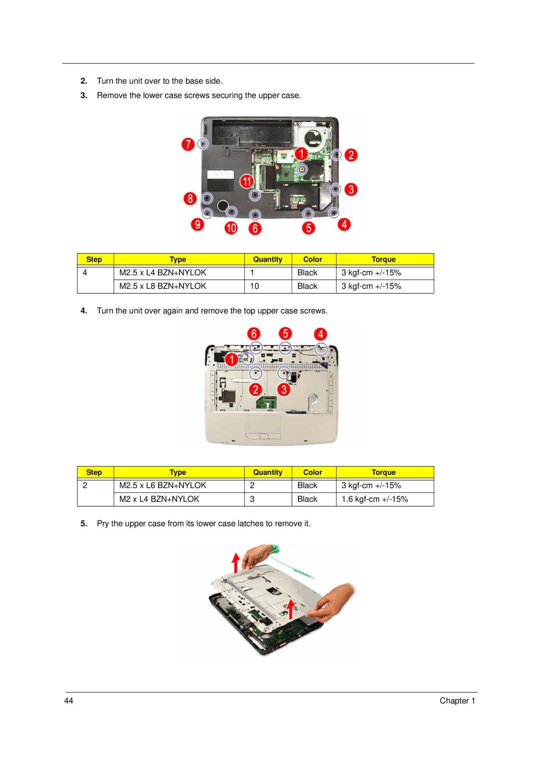 Acer 5910 manual Step Type Quantity Color Torque 