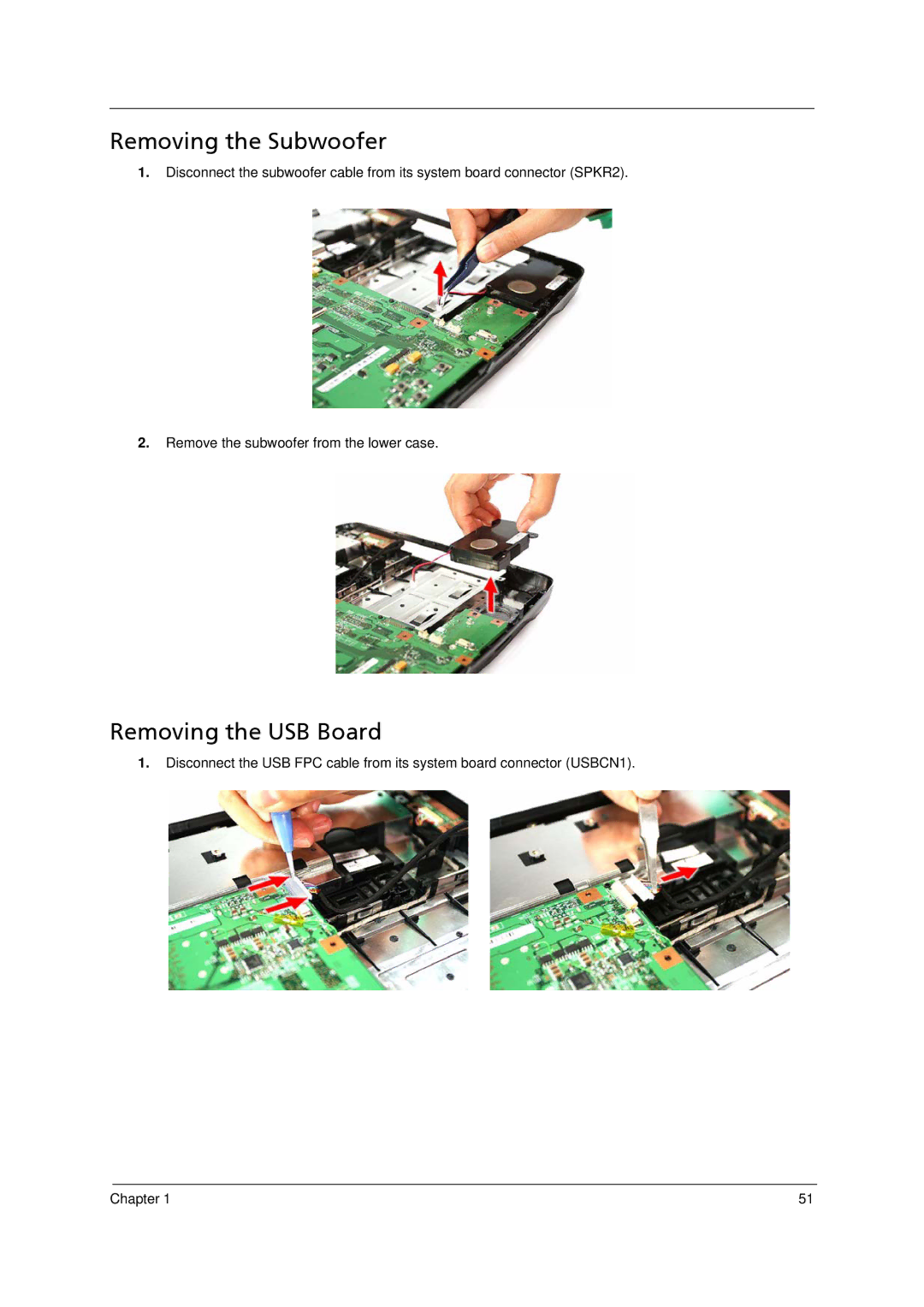 Acer 5910 manual Removing the Subwoofer, Removing the USB Board 