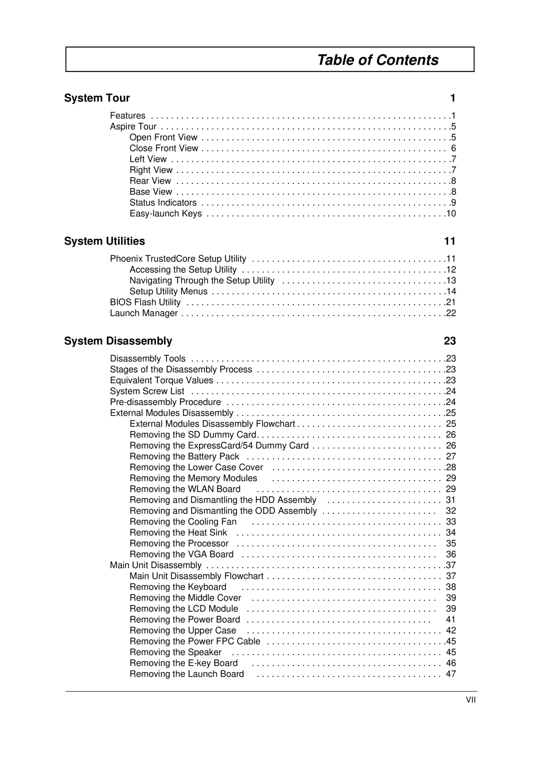 Acer 5910 manual Table of Contents 