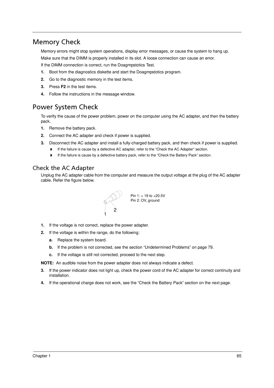 Acer 5910 manual Memory Check, Power System Check, Check the AC Adapter 