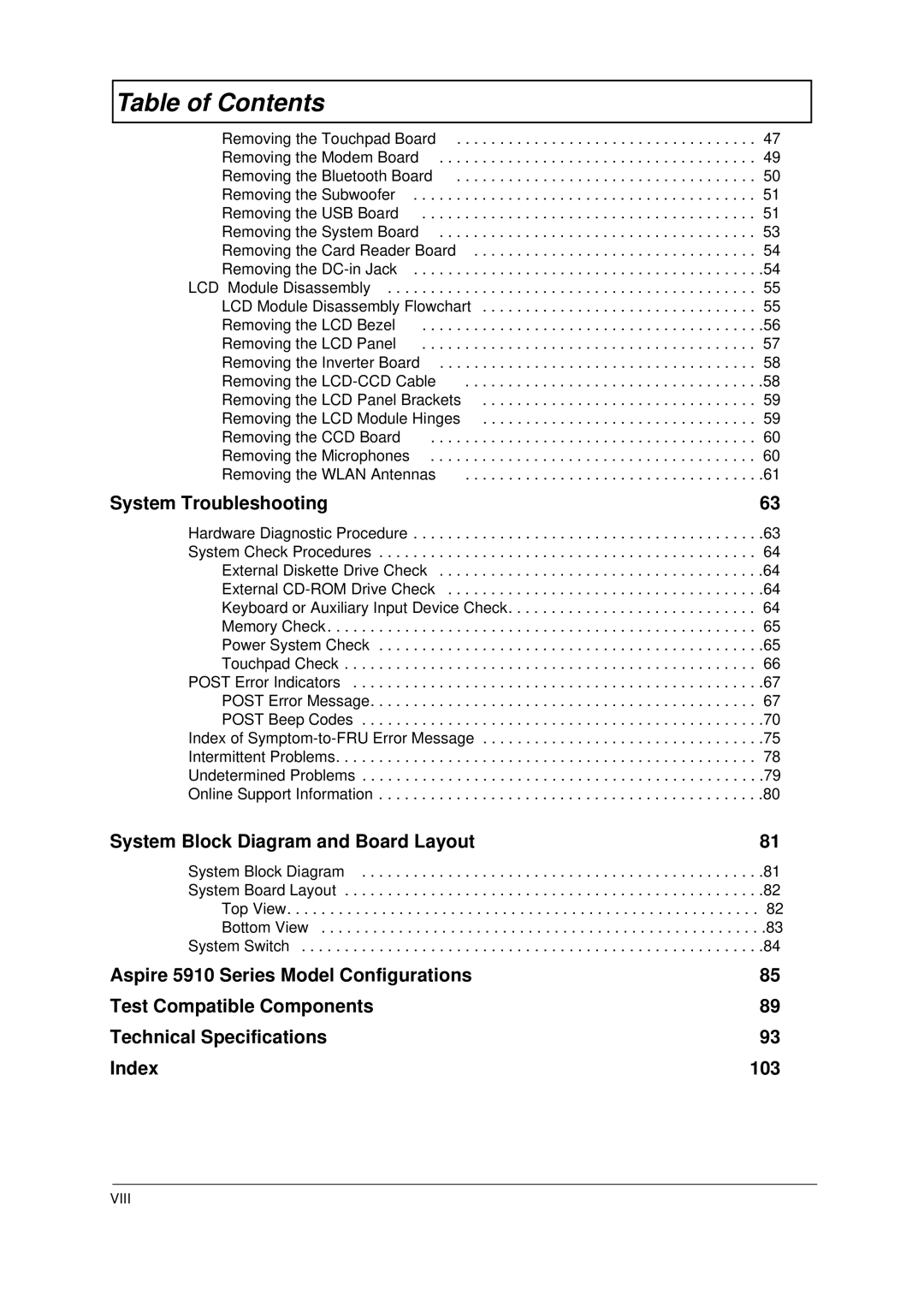 Acer 5910 manual System Troubleshooting, Viii 