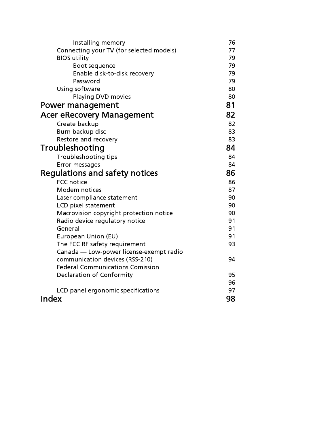 Acer 5920 Series manual Power management Acer eRecovery Management 