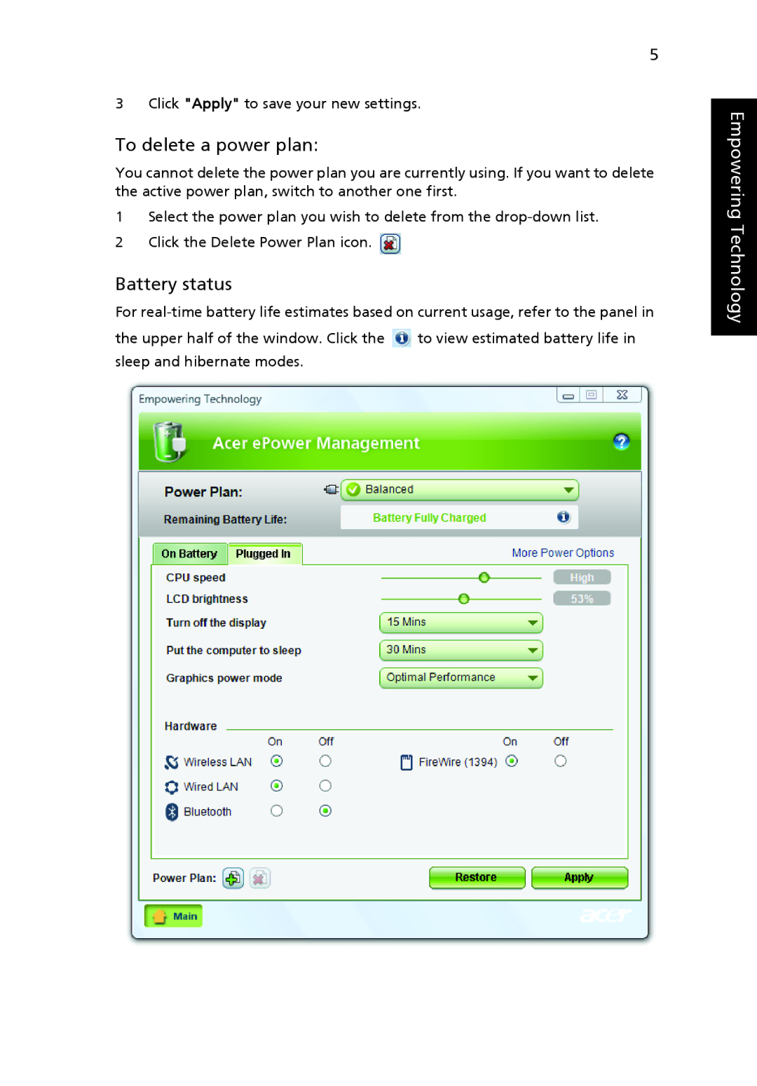 Acer 5920 Series manual To delete a power plan, Battery status 