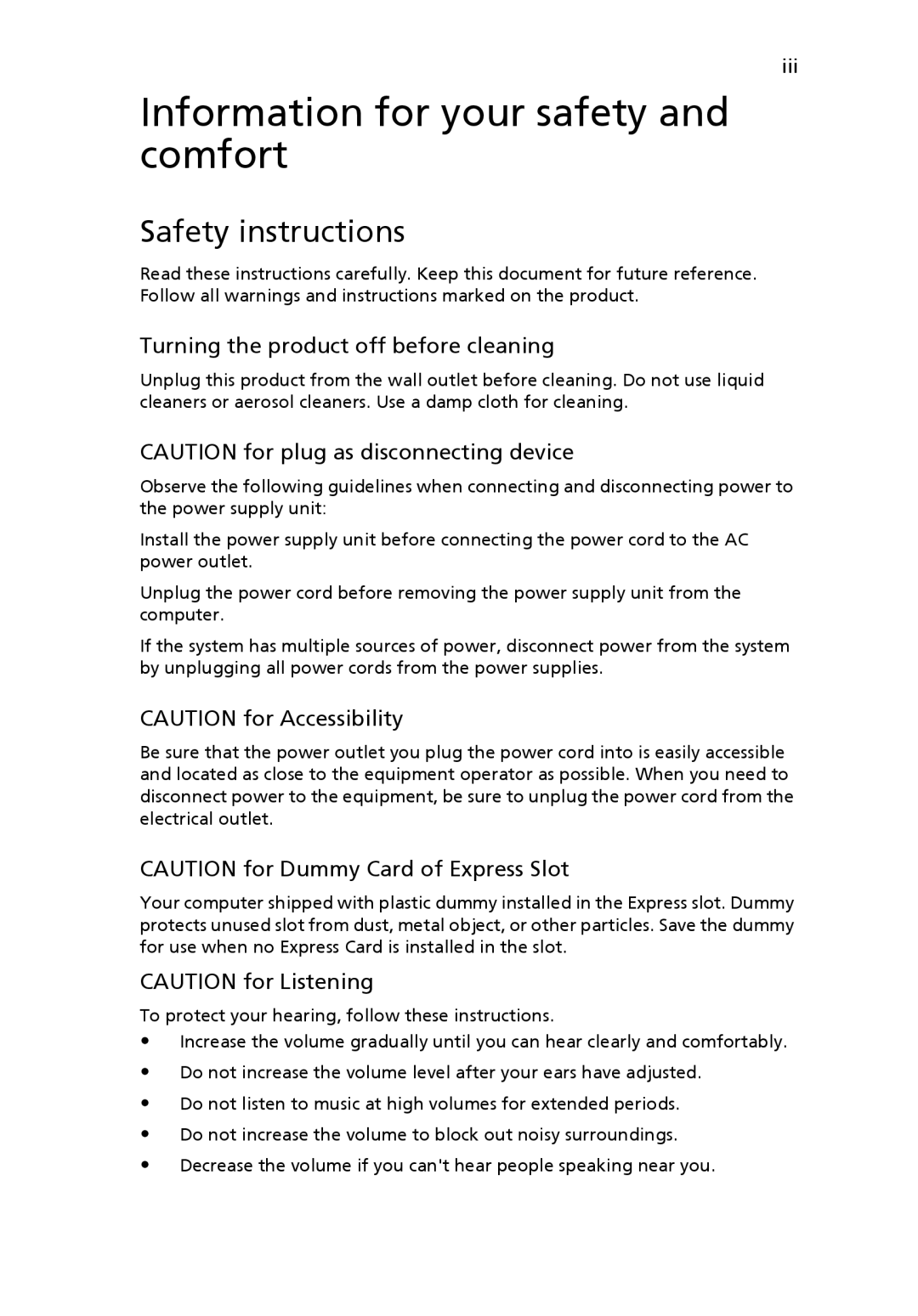 Acer 5920 Series Information for your safety and comfort, Safety instructions, Turning the product off before cleaning 