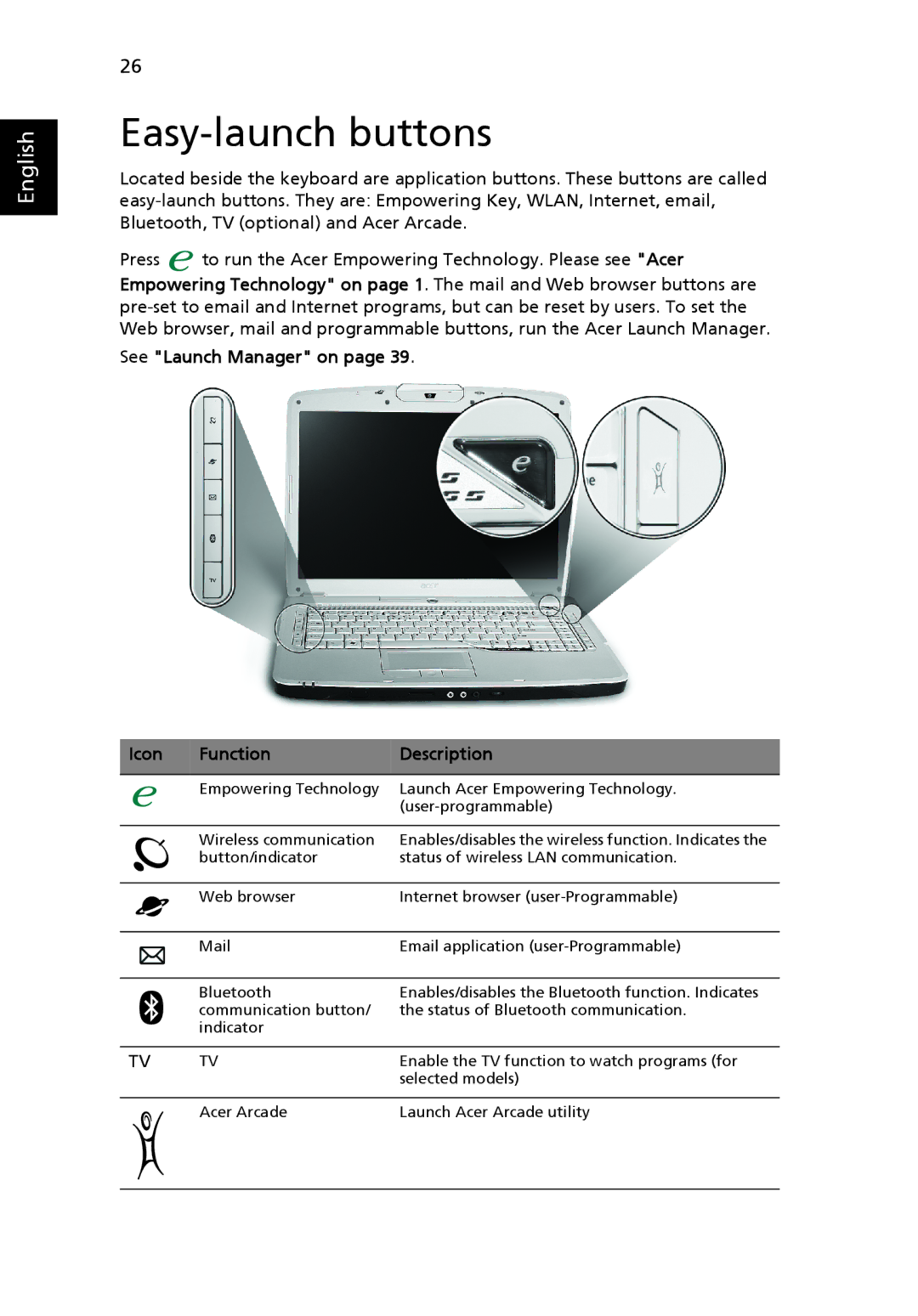 Acer 5920 Series manual Easy-launch buttons, See Launch Manager on Icon Function Description 