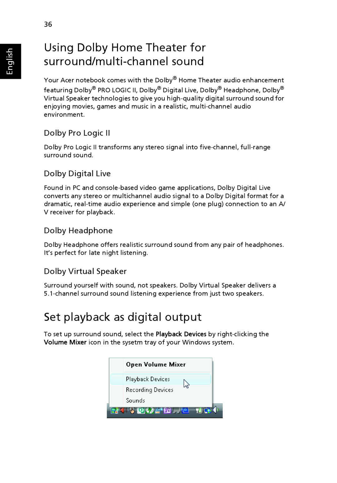 Acer 5920 Series manual Using Dolby Home Theater for surround/multi-channel sound, Set playback as digital output 