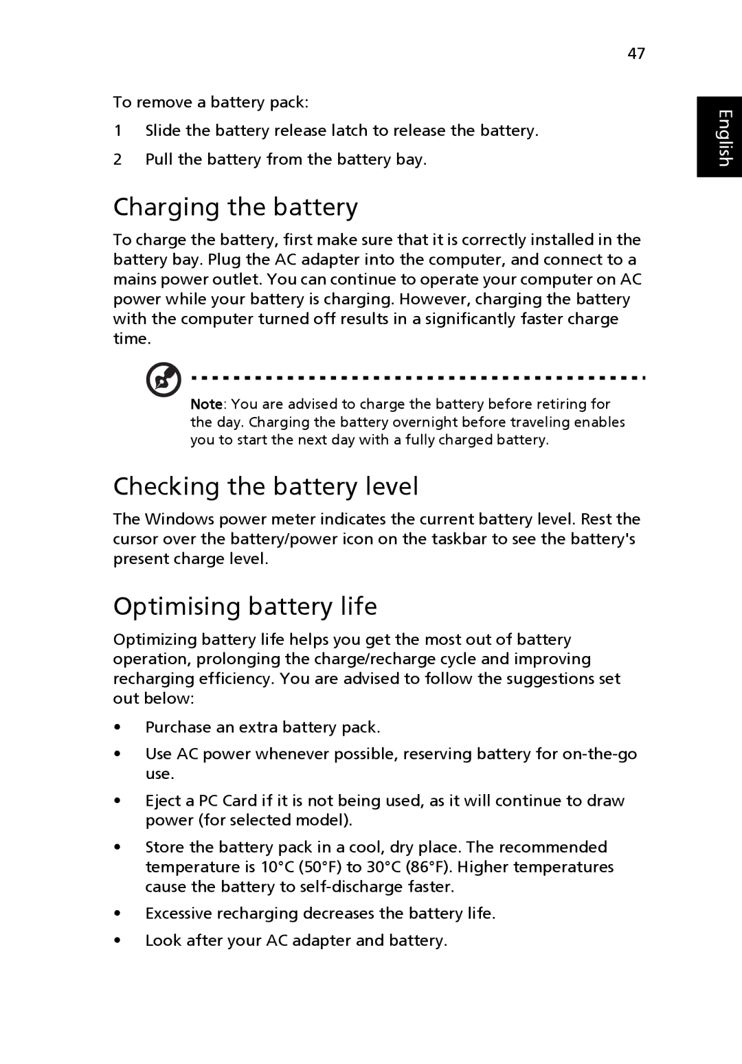 Acer 5920 Series manual Charging the battery, Checking the battery level, Optimising battery life 