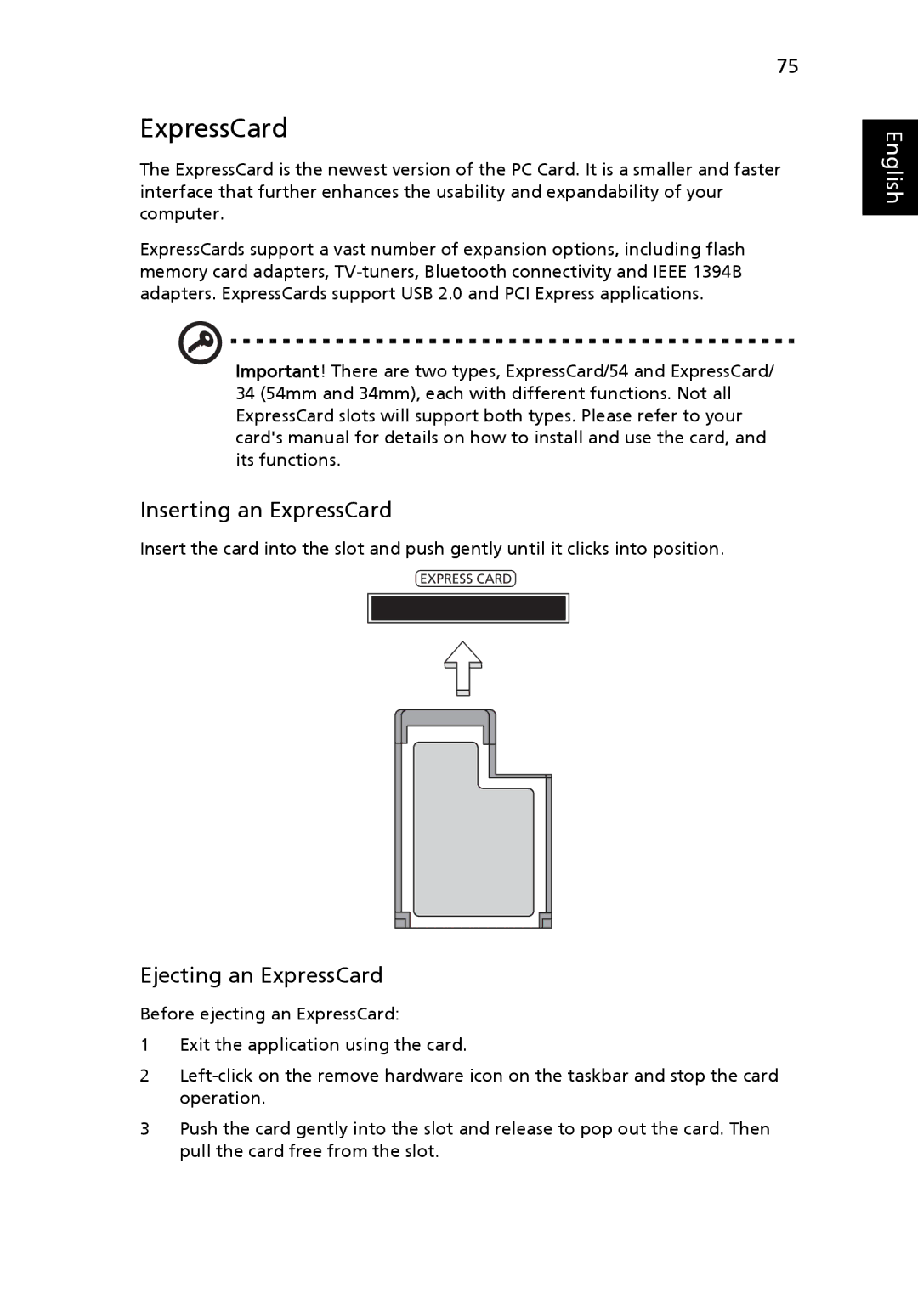 Acer 5920 Series manual Inserting an ExpressCard, Ejecting an ExpressCard 