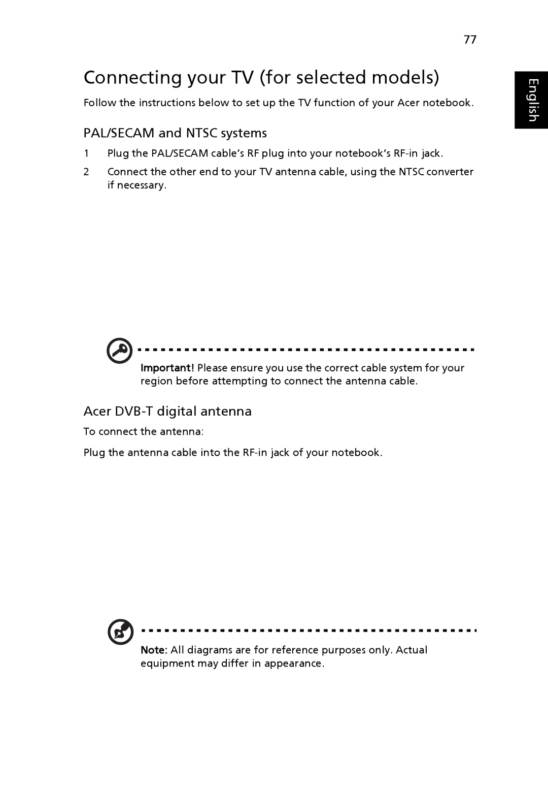 Acer 5920 Series manual Connecting your TV for selected models, PAL/SECAM and Ntsc systems, Acer DVB-T digital antenna 