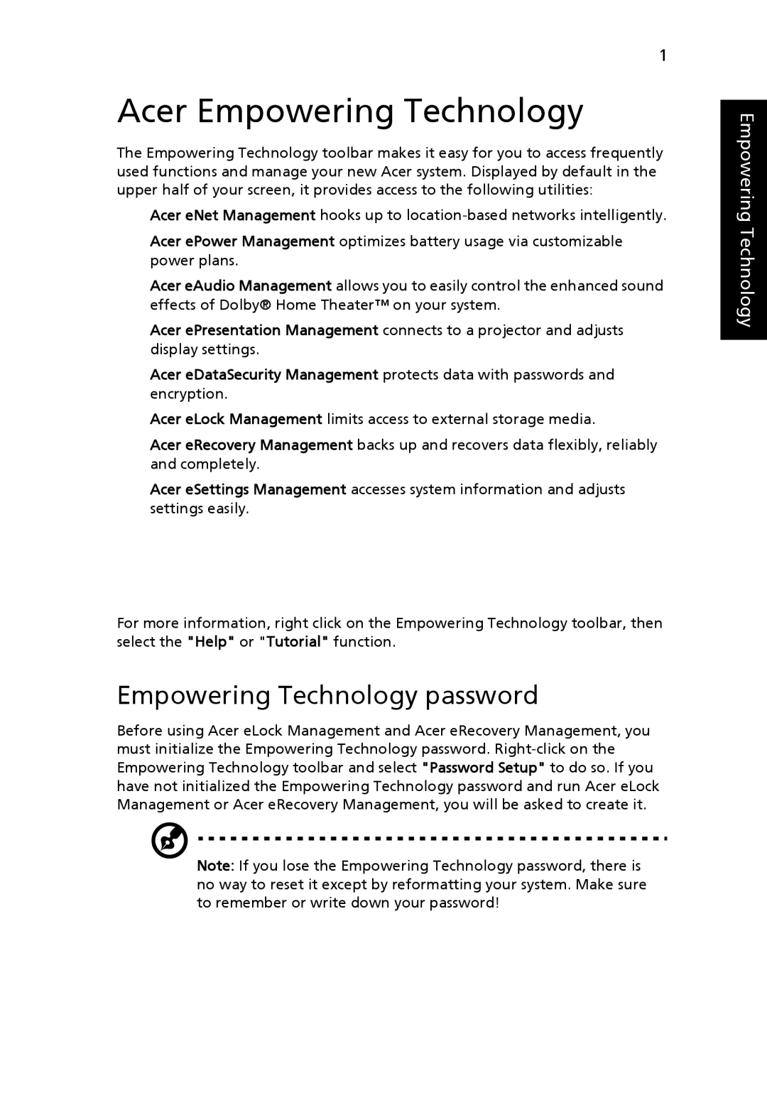 Acer 5920 manual Acer Empowering Technology, Empowering Technology password 