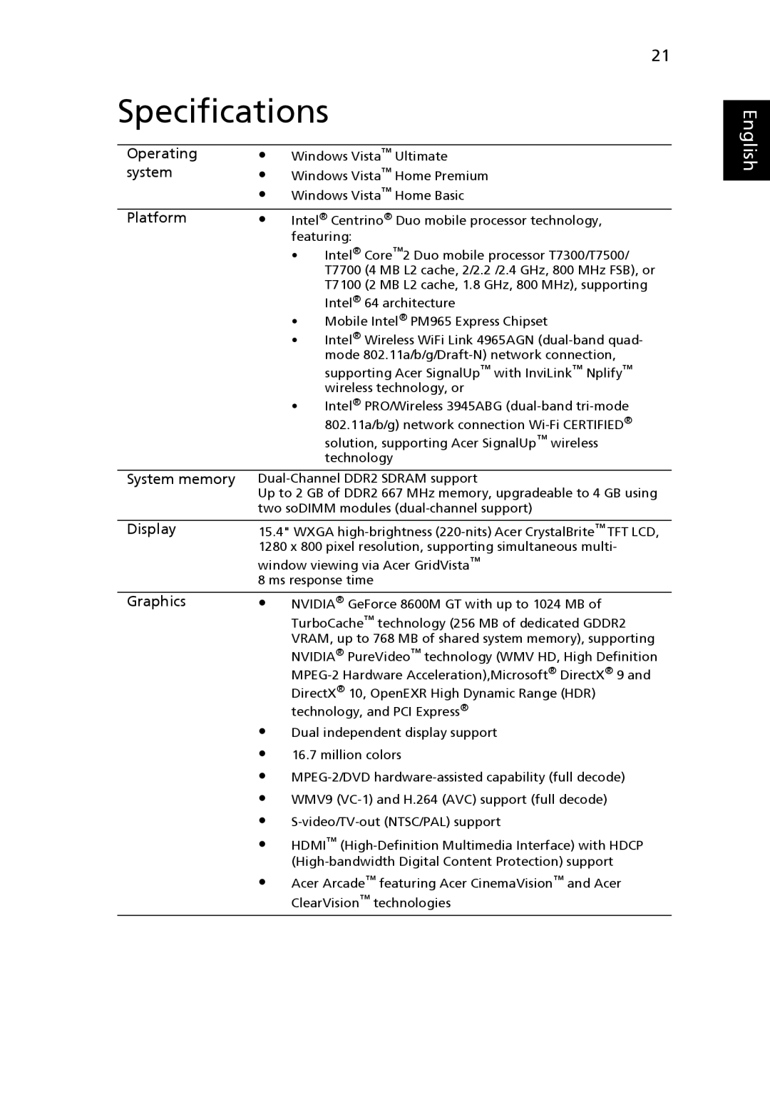 Acer 5920 manual Specifications, Platform 